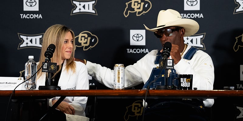 Coach Prime expresses his thanks to Janet Kukreja, MD, for his bladder cancer treatment at CU Anschutz.