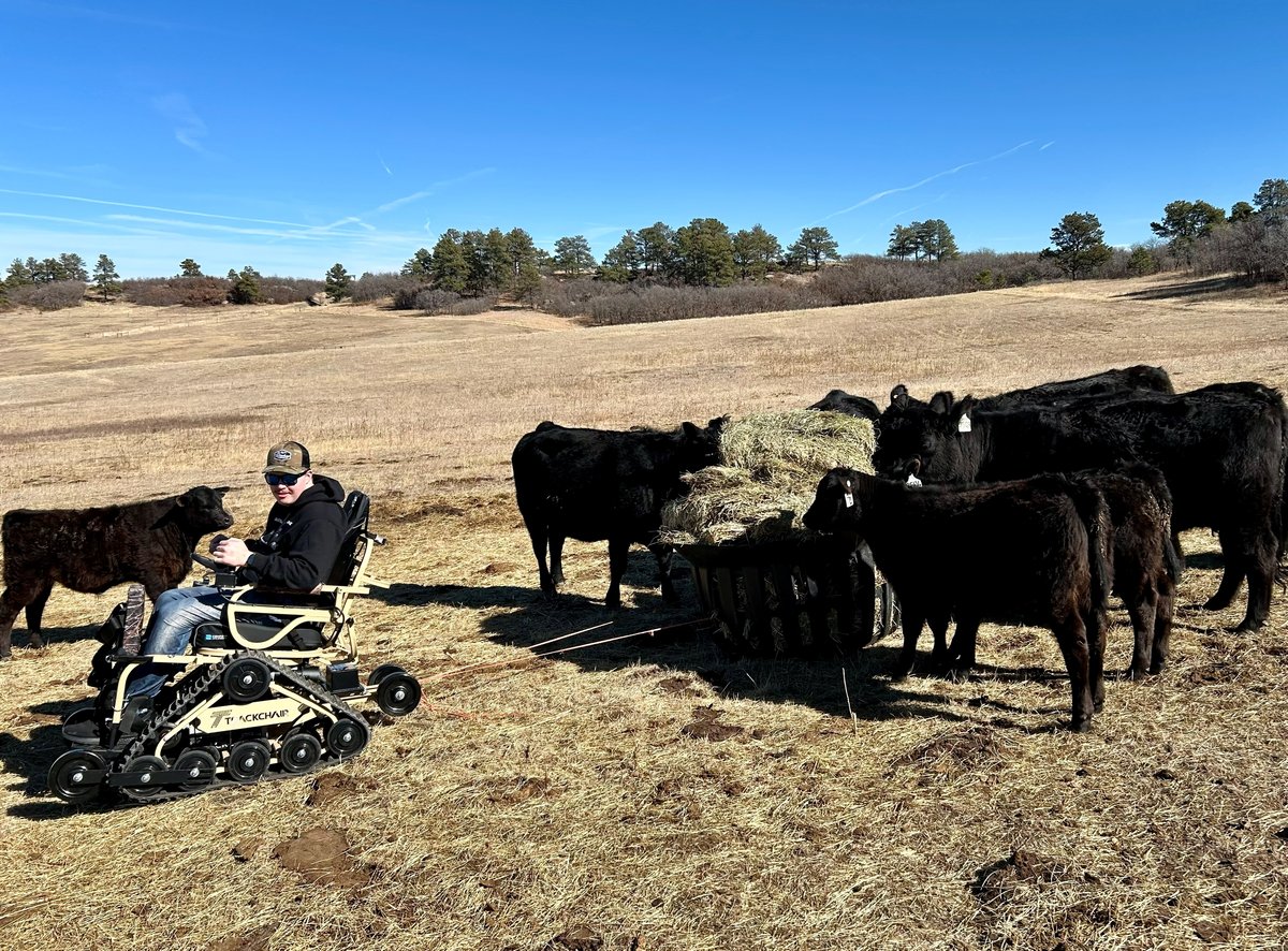 Garrett in his chair built for ranchwork, outside among the cattle.