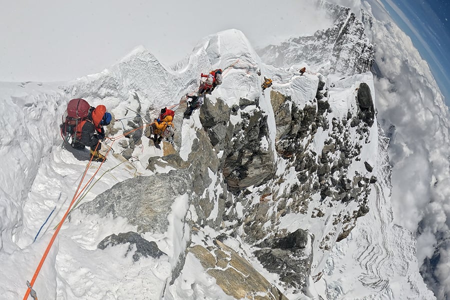 Climbers on Everest ridgetop